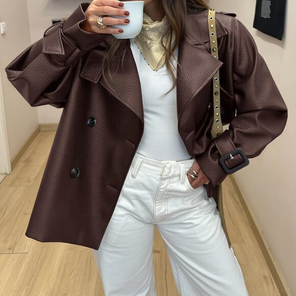 Womens  Dark Brown Faux Leather Jacket | Button Down Moto Coat | Trendy Fall - Picture 6 of 6